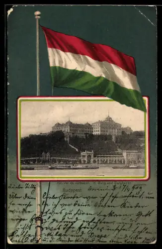 AK Budapest, Königl. Burg und Burgbazar, ungarische Fahne