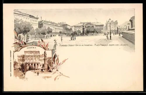 Lithographie Budapest, Place Francois-Joseph avec L`Academie