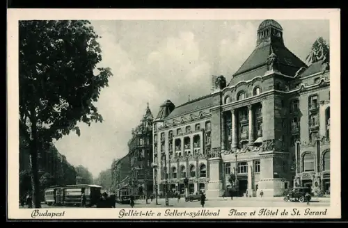 AK Budapest, Grand Hotel St. Gerhard, Strassenbahn unterwegs