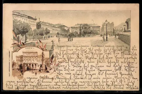 Lithographie Budapest, Place Francois-Joseph avec L`Academie