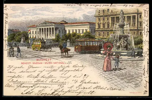 AK Budapest, Nemzeti Muzeum, Musee National mit Pferdekutsche und Strassenbahn