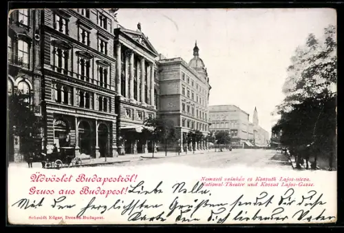 AK Budapest, National-Theater und Kossut Lajos-Gasse