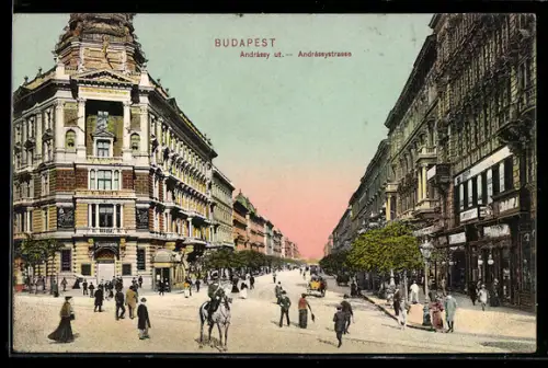 AK Budapest, Andrássy ut, Blick in die Andrássystrasse