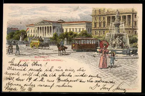 Künstler-AK Budapest, Nemzeti Muzeum, Strassenbahn