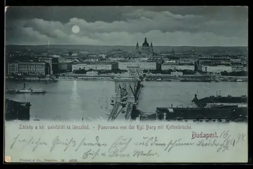 Mondschein-AK Budapest, Panorama von der Königlichen Burg mit Kettenbrücke