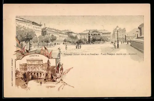 Lithographie Budapest, Place Francois.Joseph avec l`Academie