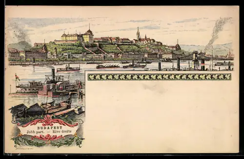 Lithographie Budapest, Rive Droite, Panoramablick auf die Stadt