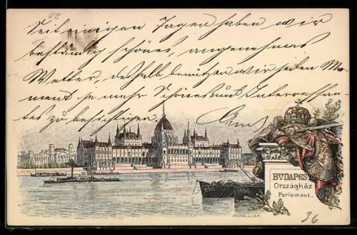 Lithographie Budapest, Blick auf das Parlament vom gegenüberliegenden Donauufer aus