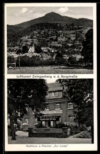 AK Zwingenberg / Bergstrasse, Gasthaus-Pension zur Linde, Ortspanorama