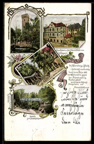 AK Zirndorf, Kurhaus & Restauration von H. Wagner, Garten mit Halle, Brücke zum Aussischtsturm
