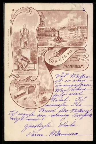AK Mannheim, Paradeplatz, Bismarck-Denkmal, Rheinbrücke