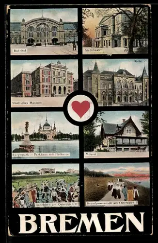 AK Bremen, Bürgerpark, Meierei, Strandpromenade am Osterdeich, Stadttheater, Bahnhof, Börse