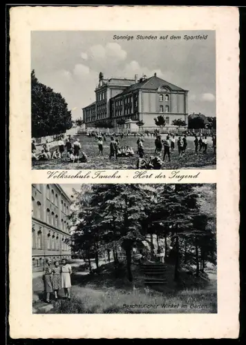 AK Taucha, Volksschule Taucha, Sportfeld, Winkel im Garten
