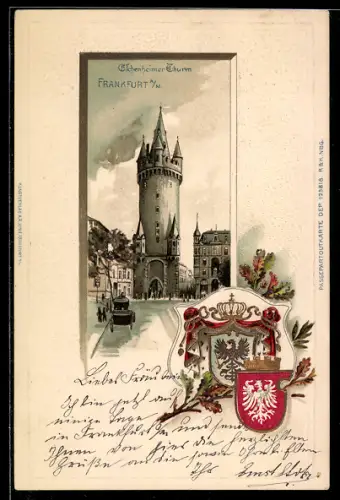 Passepartout-Lithographie Frankfurt /Main, Strassenpartie am Eschenheimer Thurm, Wappen