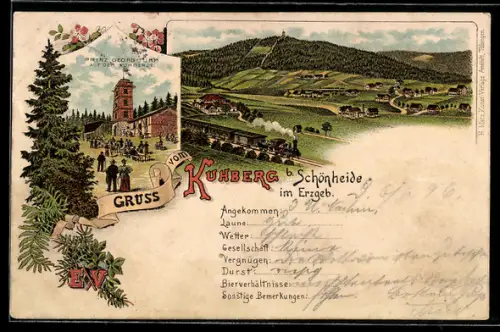 Lithographie Schönheide, Prinz Georg Turm auf dem Kuhberg, Panorama