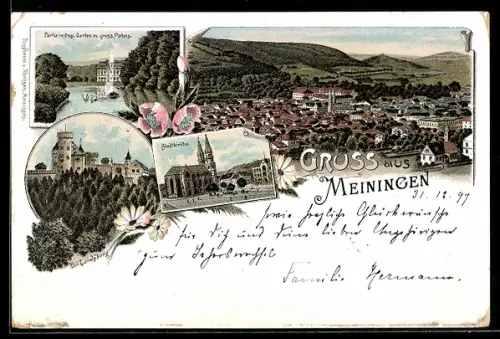 Lithographie Meiningen, Stadtkirche, Partie im englischen Garten mit grossem Palais, Ortsansicht aus der Vogelschau