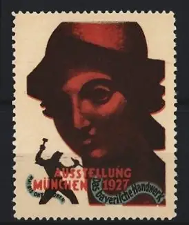 Reklamemarke München, Ausstellung 1927, bayerisches Handwerk mit Gesicht und Schmied