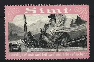 Reklamemarke Simi, Reinigungswasser, Frau im Auto mit Flasche