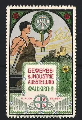 Reklamemarke Waldkirch, Gewerbe & Industrie Ausstellung 1913, Schmied mit Hammer und Burg