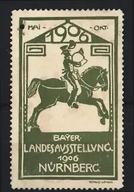 Reklamemarke Nürnberg, Bayer. Landesausstellung 1906, Postillion auf Pferd