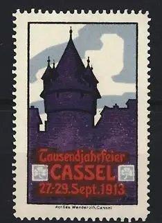 Reklamemarke Cassel, Tausendjahrfeier 27.-29. Sept. 1913, Turm und Wolkenhimmel