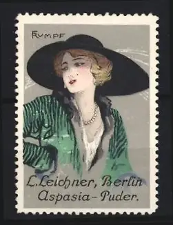 Künstler-Reklamemarke Fritz Rumpf, Berlin, L. Leichner Aspasia-Puder, elegante Dame