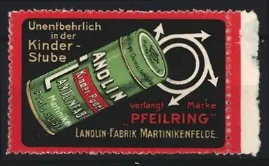 Reklamemarke Martinkienfelde, Lanolin Kinder-Puder, Pfeilring-Logo