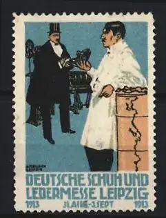 Reklamemarke Leipzig, Deutsche Schuh- und Ledermesse 1913, Schuster bei der Arbeit