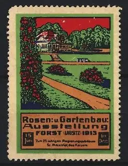 Reklamemarke Forst / Lausitz, Rosen- u. Gartenbau-Ausstellung 1913, Parklandschaft mit Villa
