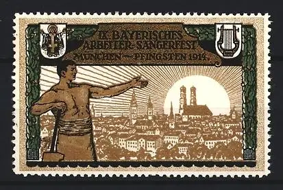 Reklamemarke München, 12. Bayerisches Arbeiter-Sängerfest Pfingsten 1914, Sänger mit Ortsansicht