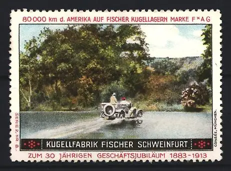 Reklamemarke Schweinfurt, Kugellagerfabrik Fischer, 80.000km durch Amerika auf Fischer Kugellagern, Auto b. Flusspassage