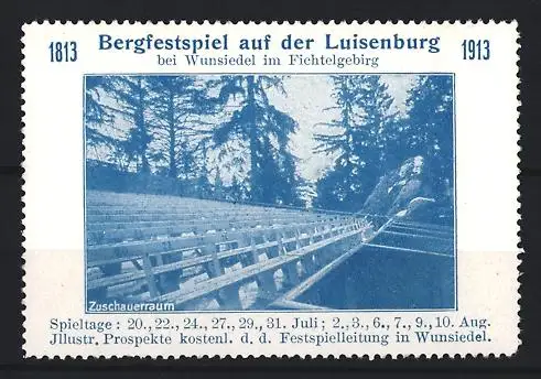 Reklamemarke Wunsiedel, Bergfestspiel auf der Luisenburg 1813-1913, Zuschauerraum im Fichtelgebirge