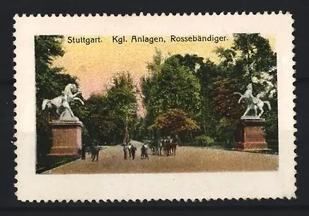 Reklamemarke Stuttgart, Kgl. Anlagen, Rossebändiger, Statuen und Parklandschaft