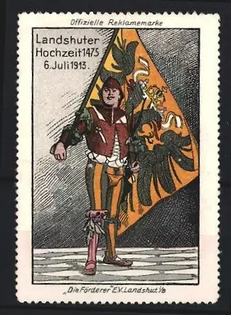 Reklamemarke Landshut, Hochzeit 1475, Fahnenträger mit Wappen, 6. Juli 1913