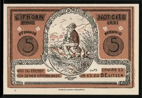 Notgeld Gifhorn 1921, 5 Pfennig, Landarbeiter und Karren-Motiv