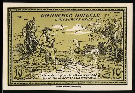 Notgeld Gifhorn, 10 Pfennig, Schäfer mit Herde und Bienenkorb-Motiv