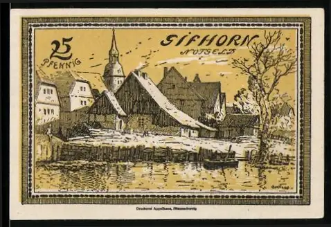 Notgeld Gifhorn 1921, 25 Pfennig, Flusslandschaft mit Kirche und Fachwerkhäusern