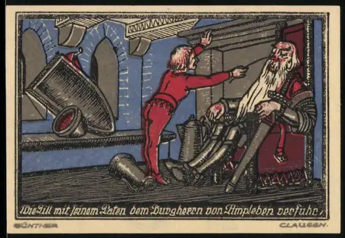 Notgeld Kneitlingen 1921, 50 Pfennig, Eule und Affe, mittelalterliche Szene mit Burgherren von Ampleben