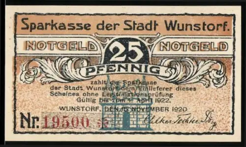 Notgeld Wunstorf 1920, 25 Pfennig, Klosterlandschaft und historische Urkunde von 871