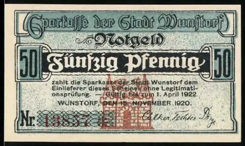 Notgeld Wunstorf 1920, 50 Pfennig, Kirche und lateinischer Text
