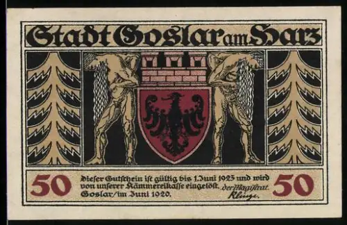 Notgeld Goslar am Harz 1920, 50 Pfennig, Stadtwappen und mittelalterliches Gebäude mit Figurenornamentik