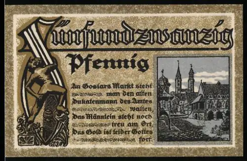 Notgeld Goslar am Harz 1920, 25 Pfennig, Ortsansicht und Wappen mit Figuren und Bäumen