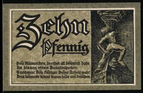 Notgeld Goslar am Harz 1920, 10 Pfennig, Säulenfigur und Stadtwappen mit zwei Männern und Bäumen