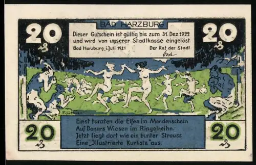 Notgeld Bad Harzburg 1921, 20 Pfennig, tanzende Elfen und Szenen auf Wiesen