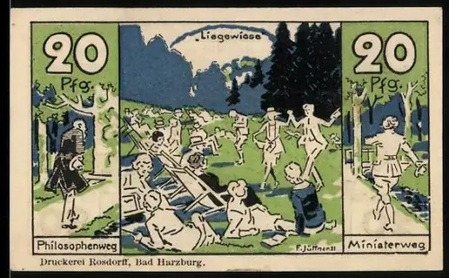 Notgeld Bad Harzburg 1921, 20 Pfennig, Liegewiese mit Elfen-Tanz und Spaziergängern