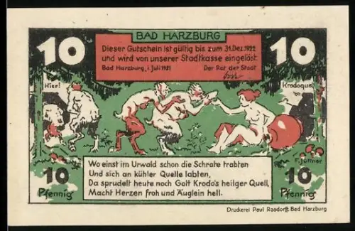 Notgeld Bad Harzburg 1921, 10 Pfennig, Waldszene mit Quellen und Gesellschaft in der Wandelhalle