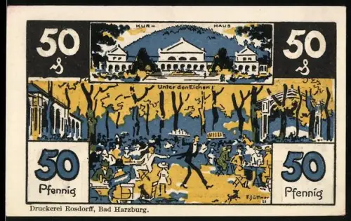 Notgeld Bad Harzburg 1921, 50 Pfennig, Kurhaus und Waldszenen mit Tieren und Menschen