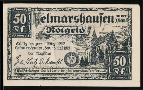 Notgeld Helmarshausen an der Diemel 1921, 50 Pf, Kirche und religiöses Motiv mit Inschrift und Mönchen