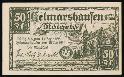 Notgeld Helmarshausen an der Diemel 1921, 50 Pf, Waldfahrtskirche-Gottsbüren und religiöses Motiv