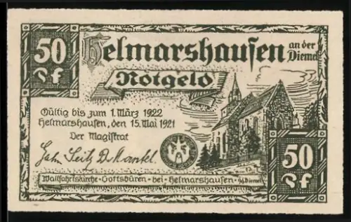 Notgeld Helmarshausen an der Diemel 1921, 50 Pf, Wallfahrtskirche und Heiligenverehrung